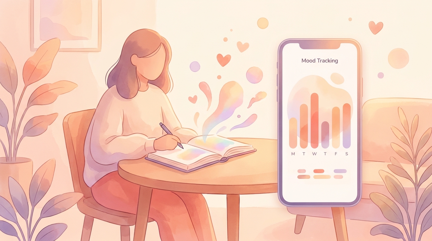 A person writing in a journal next to a smartphone displaying a mood tracking chart, surrounded by a calming, warm environment.