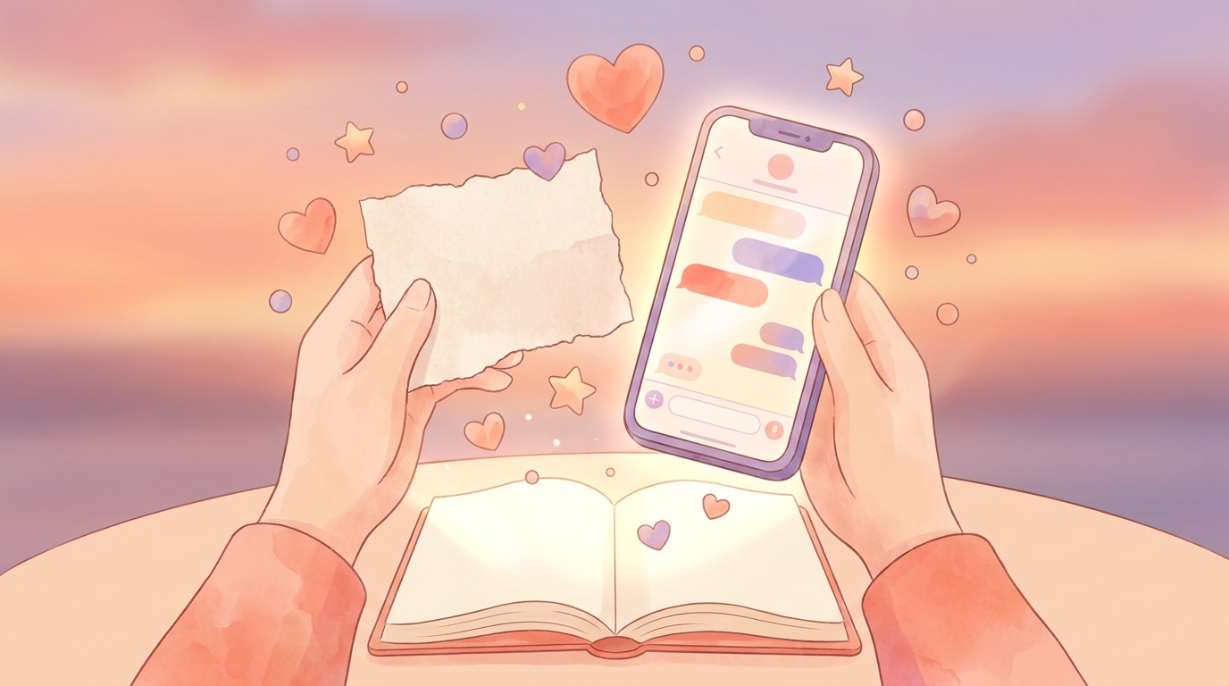 A person holding a small paper scrap next to a smartphone displaying a digital micro-journaling app