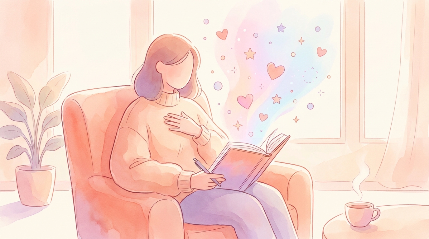 A person sitting comfortably in a well-lit room, holding a pen and journal while resting a hand on their chest to feel their breath.