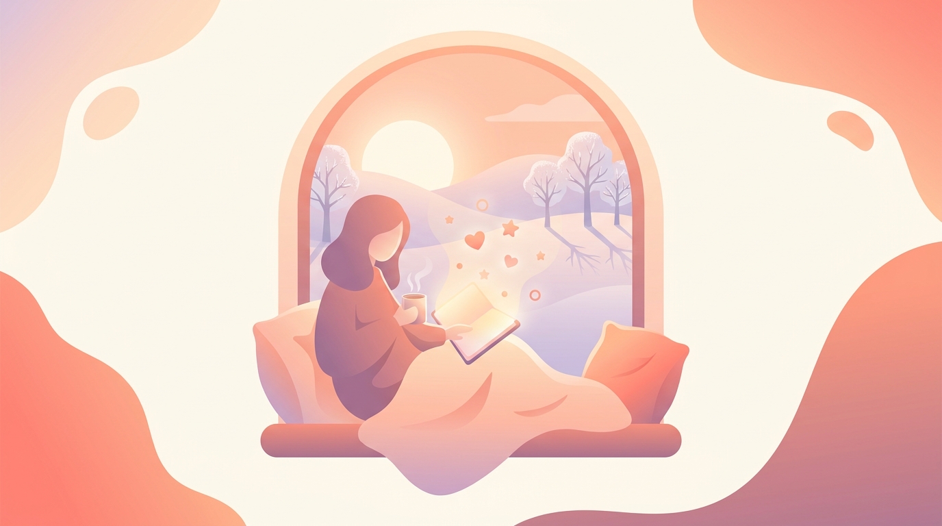 A cozy winter scene featuring a person journaling on their phone, representing a winter arc 90 day mental health reset.