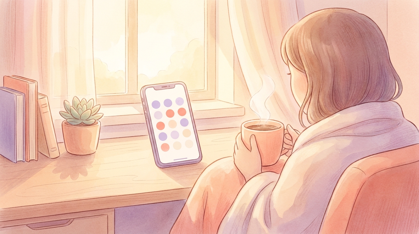 A person holding a warm cup of coffee, practicing the 60 second savoring slowmaxxing habit while looking at the ViviDiary app