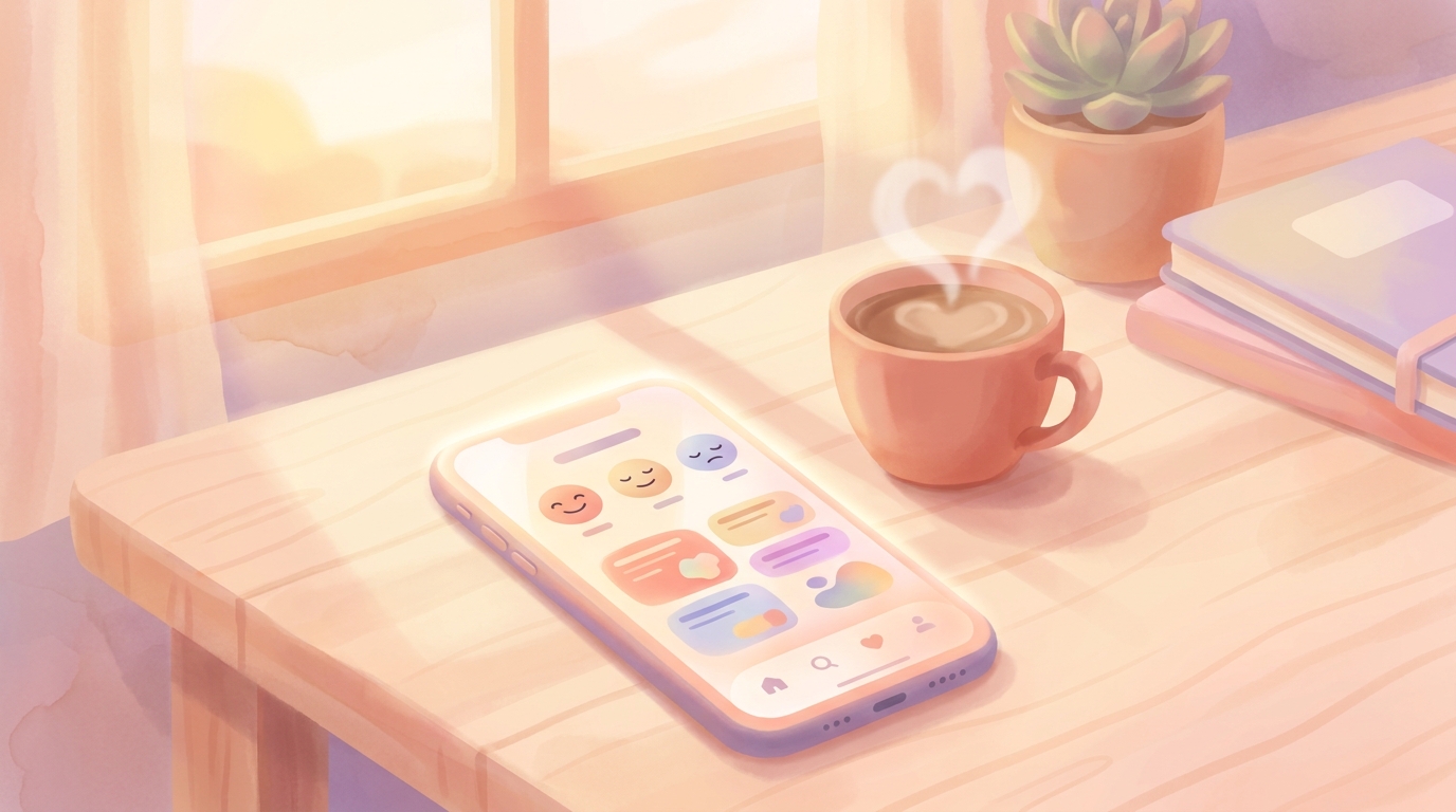 A smartphone displaying an AI coaching journal app with mood tracking emojis resting on a wooden desk next to a cup of coffee