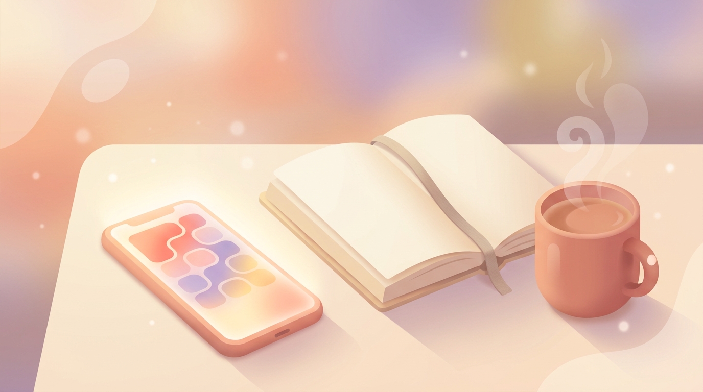 A smartphone displaying the ViviDiary mood tracker interface next to a physical book and a cup of coffee, representing an anti brain rot routine.