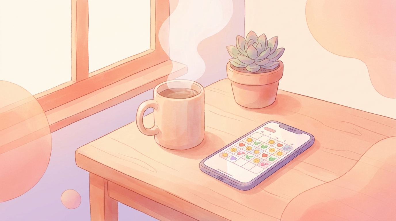 A cozy desk setup with a smartphone displaying an emoji mood tracker, representing the August reset trend