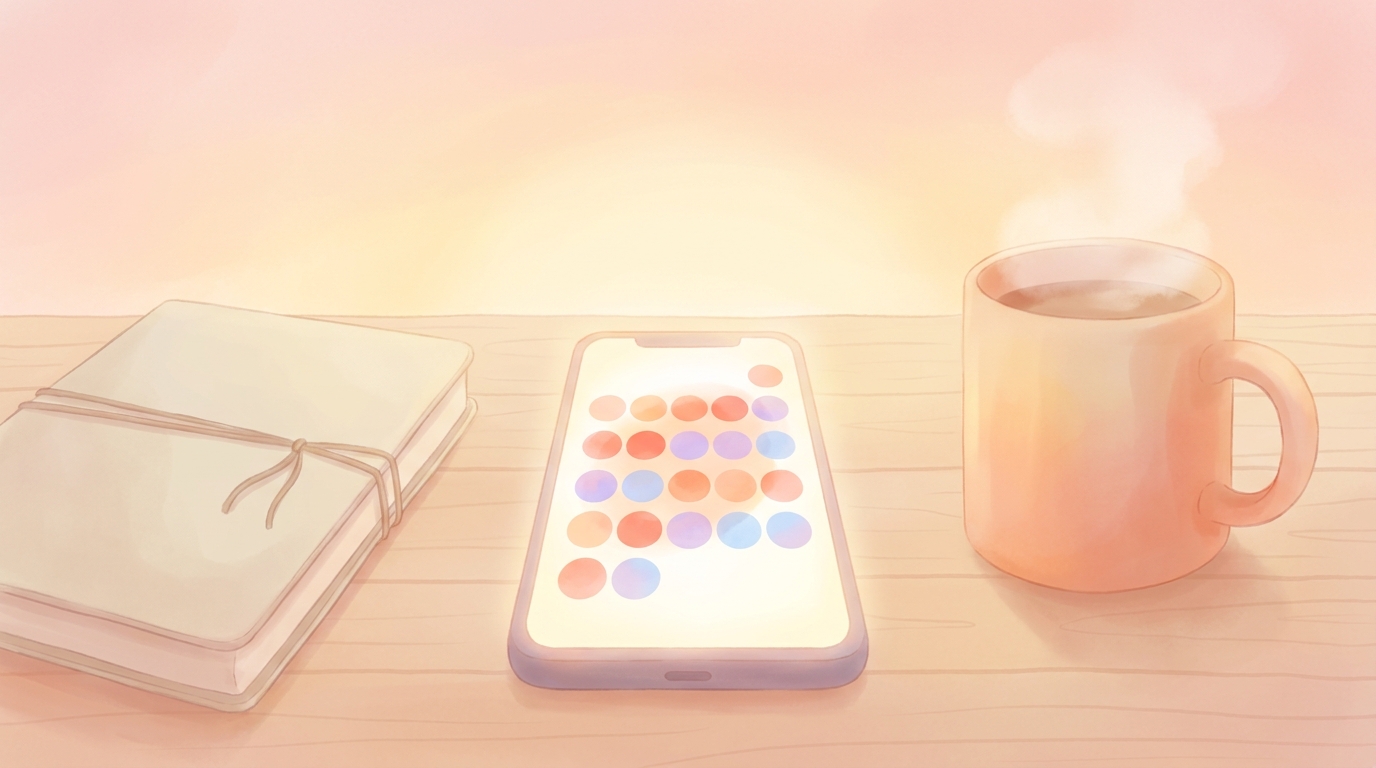 A smartphone displaying a colorful AI mood tracker app surrounded by a physical notebook and a cup of coffee on a wooden desk