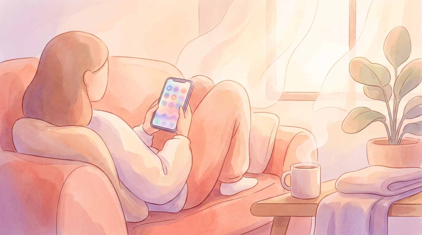 A person relaxing on a couch, looking at a gentle mood tracking app on their smartphone, representing anti-optimization wellness.