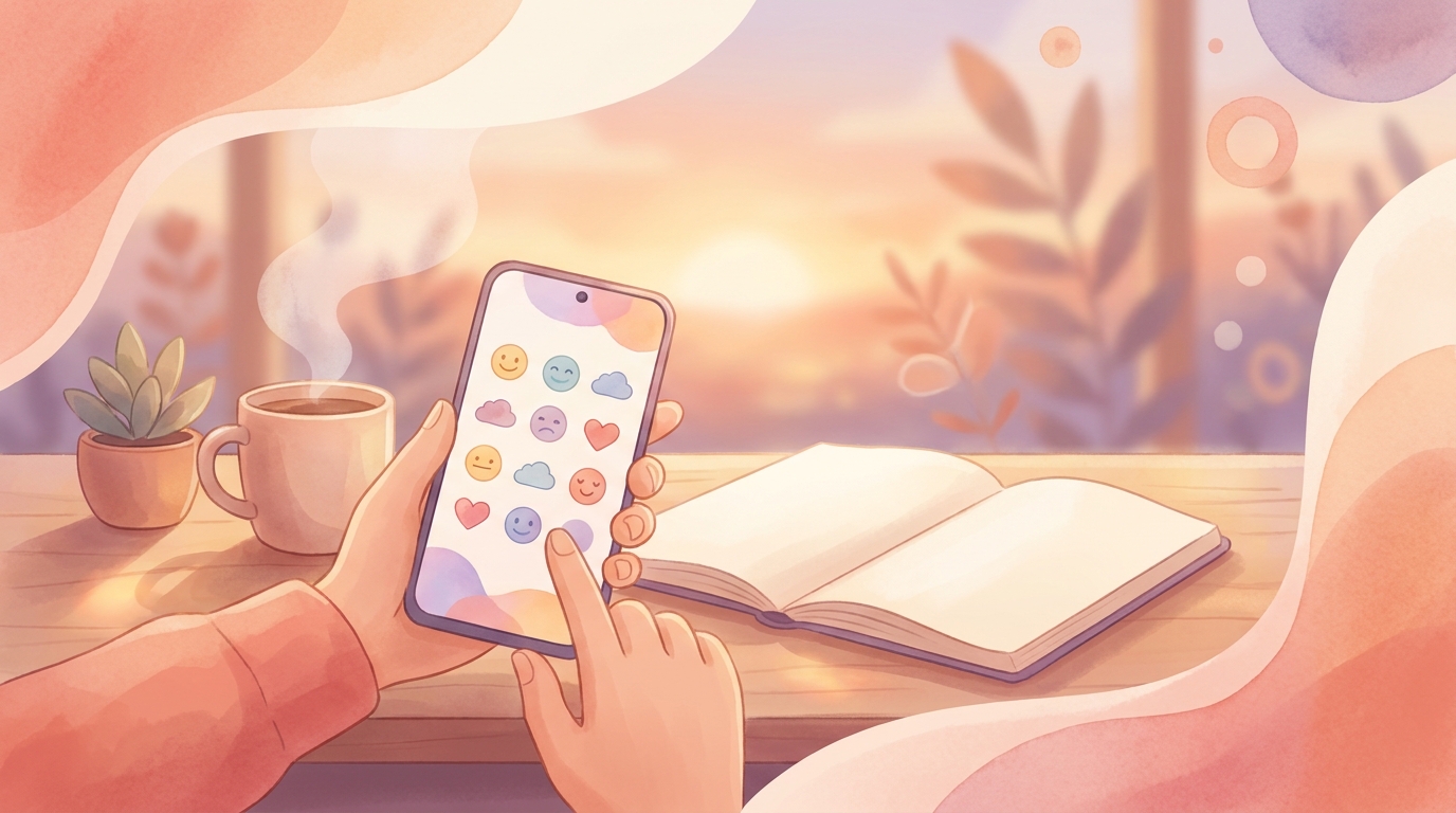 A person holding an Android smartphone displaying a modern journaling app interface with mood emojis