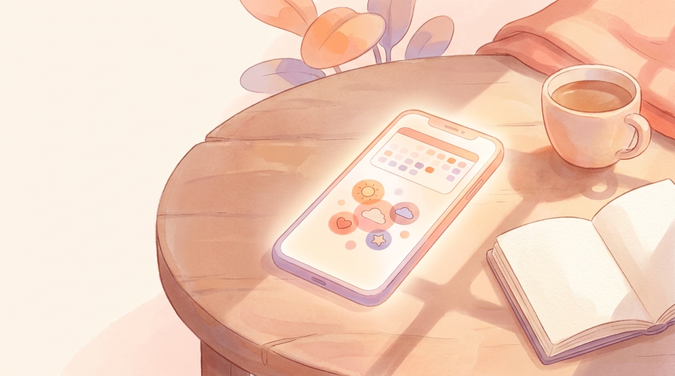 A smartphone displaying a mood logging app interface with colorful emotion icons, resting on a wooden desk next to a cup of coffee and a notebook.