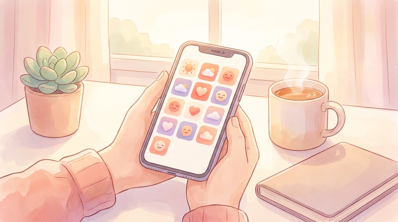 A person holding a smartphone showing a colorful emoji journal app no writing interface