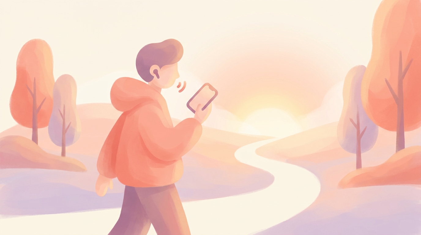 A person walking outside with earbuds in, speaking into their smartphone to record a voice journal entry.