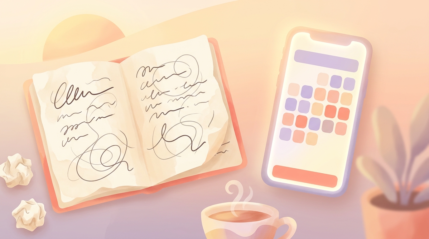 A smartphone displaying the ViviDiary modular mood tracker interface next to a messy handwritten journal, illustrating the shift away from carousel emotional dump journaling.