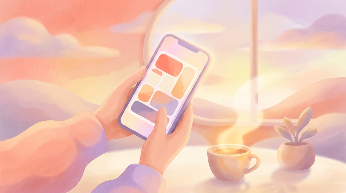 A person holding a smartphone showing a CBT journaling app interface, with a calm, aesthetic background.