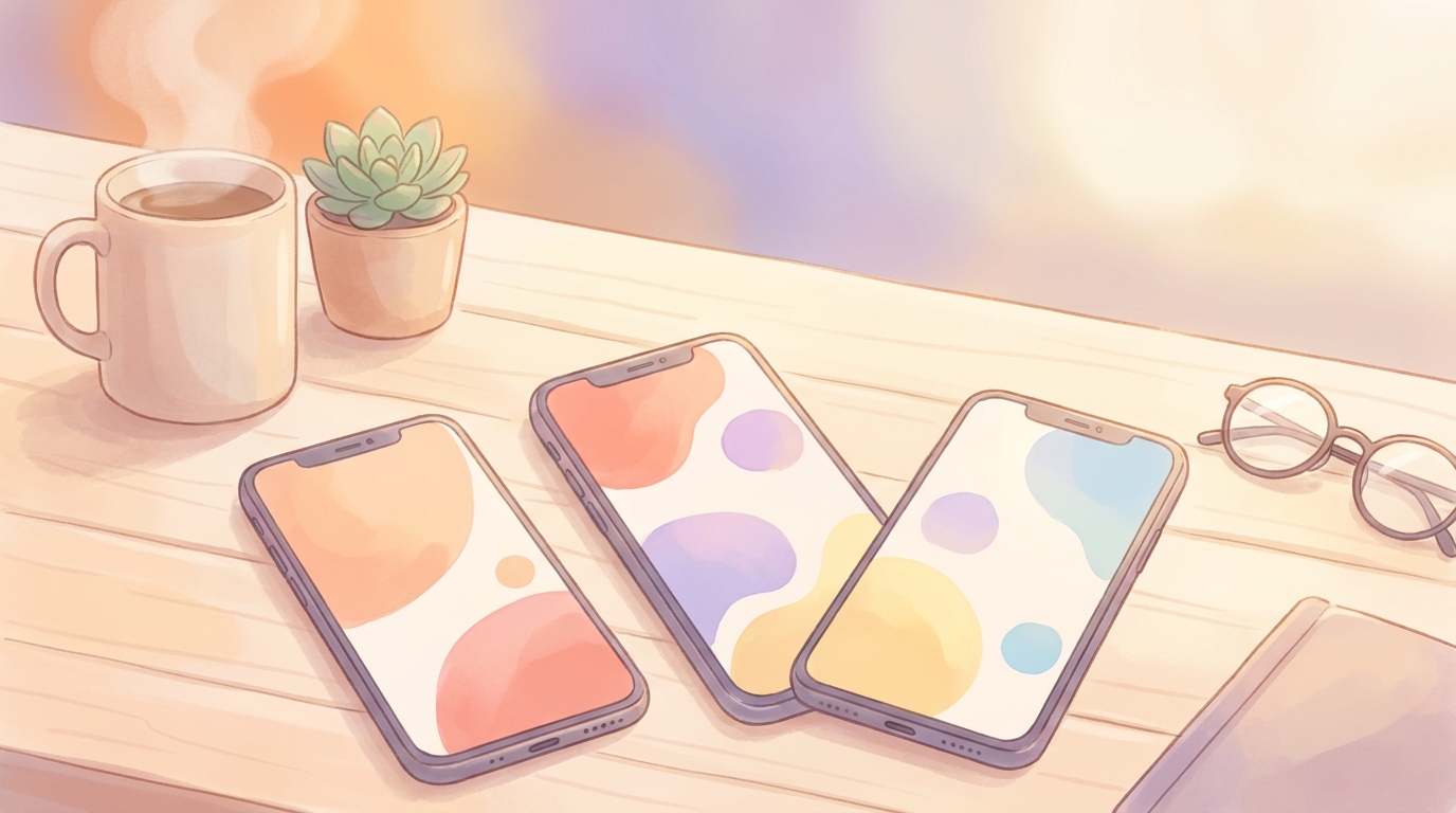 Dopamine menu app review showing three different mobile app interfaces on a wooden desk