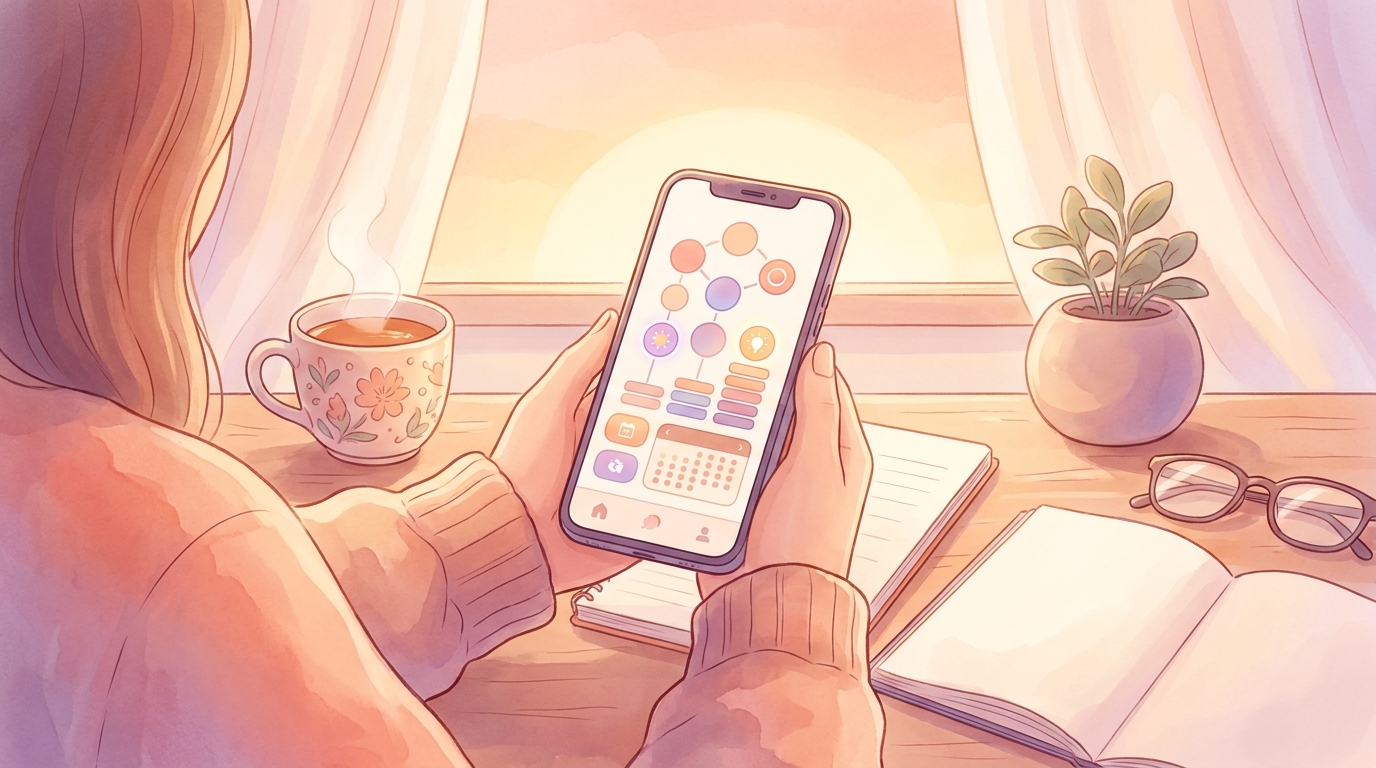 Ein Student hält ein Smartphone mit dem ViviDiary-Stimmungstracker und der Habit-Stacking-Oberfläche für das Herbstsemester 2026