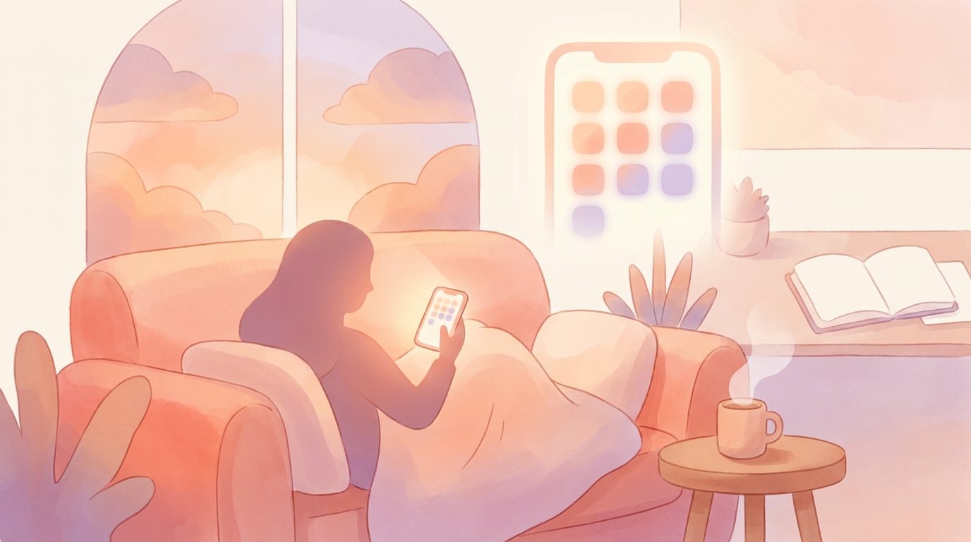 A person looking exhausted on a couch holding a smartphone, representing the flop era trend mental health and burnout journal app usage.