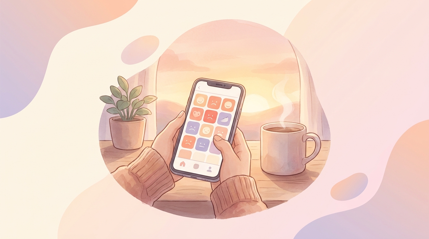 A person holding a smartphone showing the ViviDiary app interface with a cozy, aesthetic hopecore background