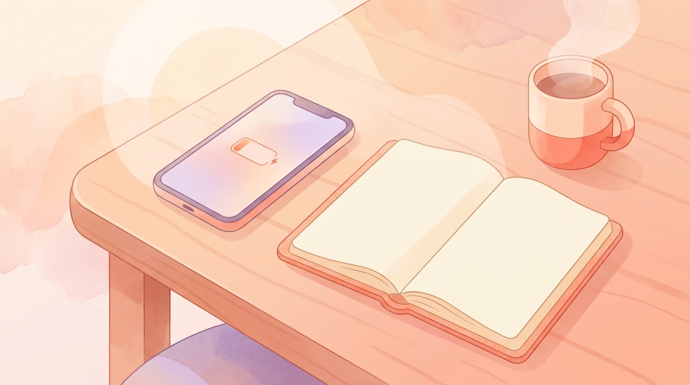 A smartphone showing a low battery warning next to a physical journal on a wooden desk