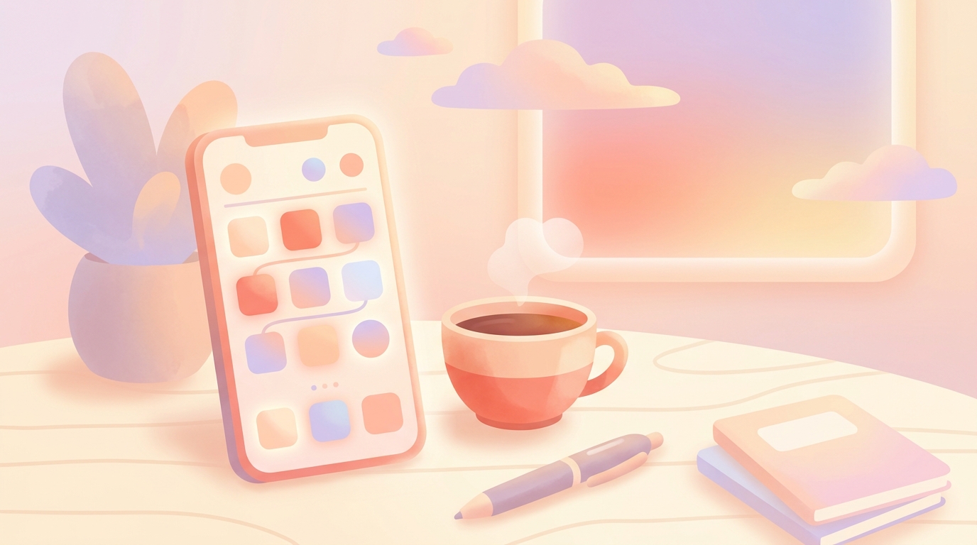 A digital journal ecosystem setup showing a smartphone with the ViviDiary modular mood tracker app open, resting on a desk next to a cup of coffee.