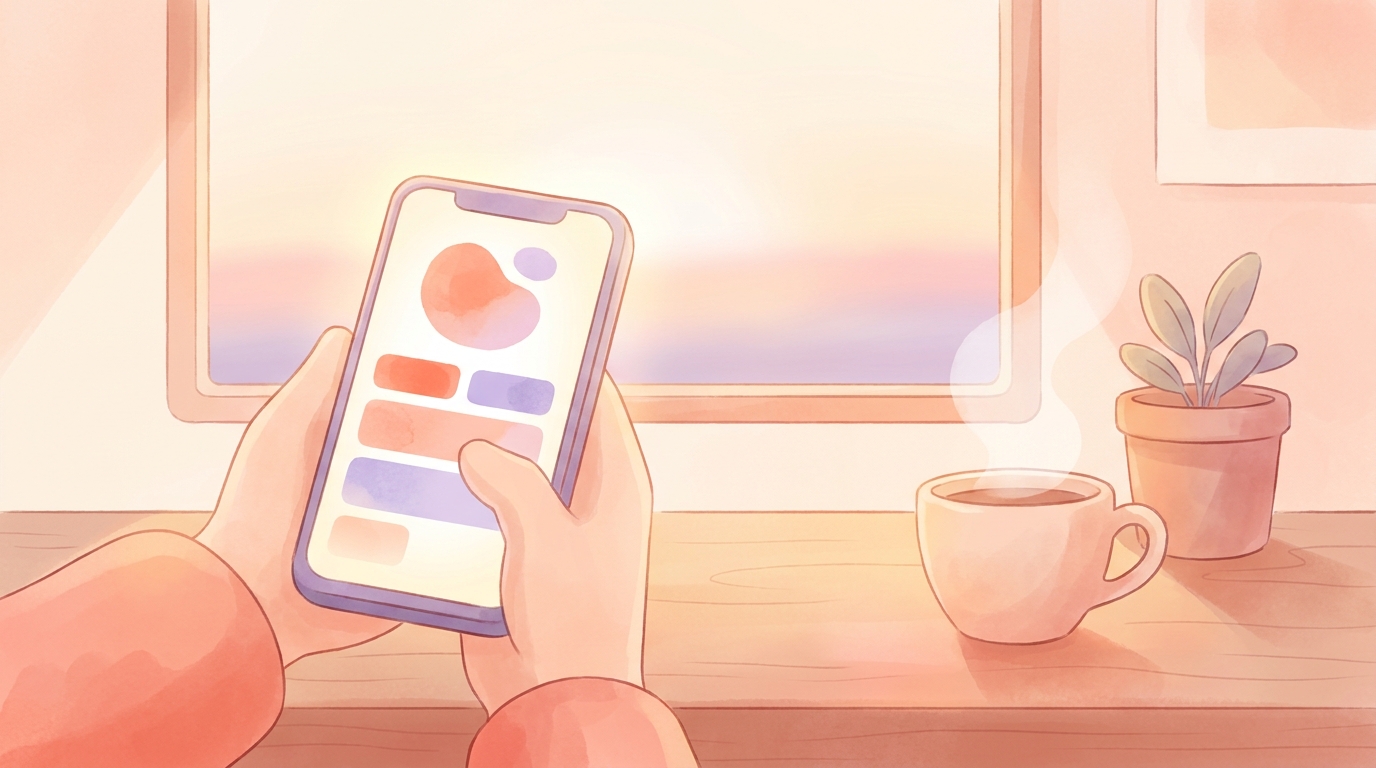 Person holding a smartphone displaying kinda chic journaling prompts tiktok style on a mood tracking app