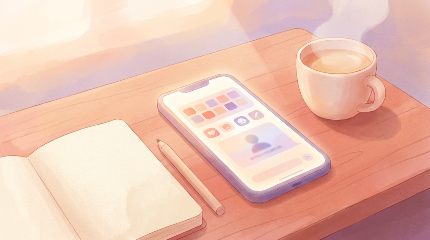 A smartphone displaying the Life Note AI journaling app interface with a historical mentor chat, resting next to a physical notebook and a cup of coffee on a wooden desk.