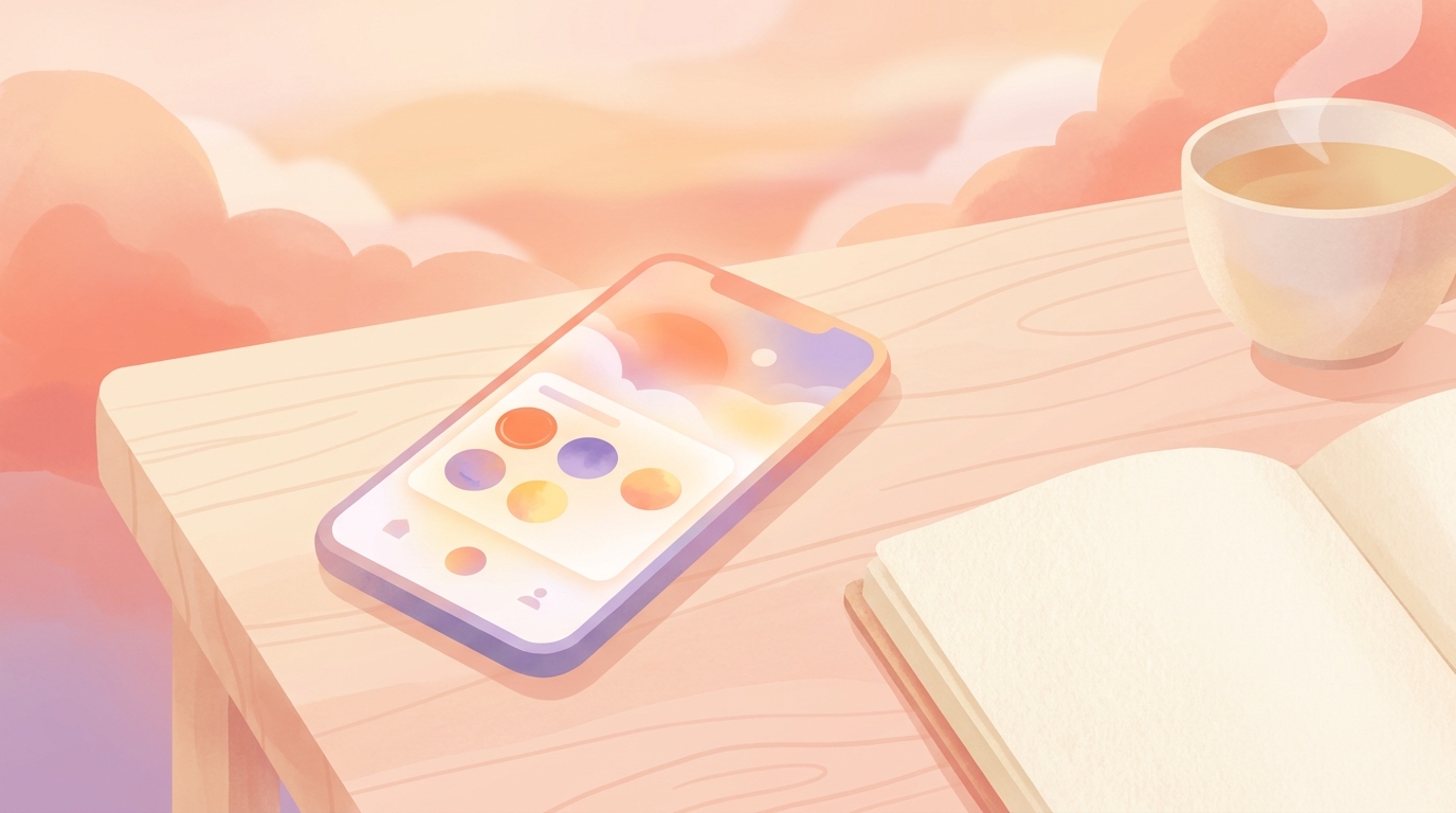 A smartphone displaying the Liven app CBT mood tracker interface resting on a wooden desk next to a journal