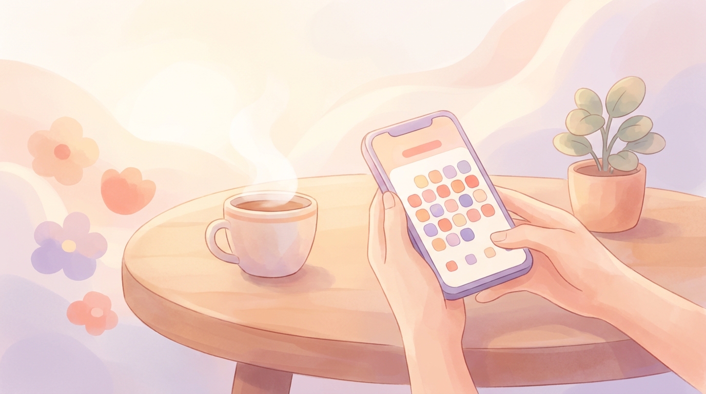 A person comfortably using a micro wellness habit tracker app on their phone while drinking coffee