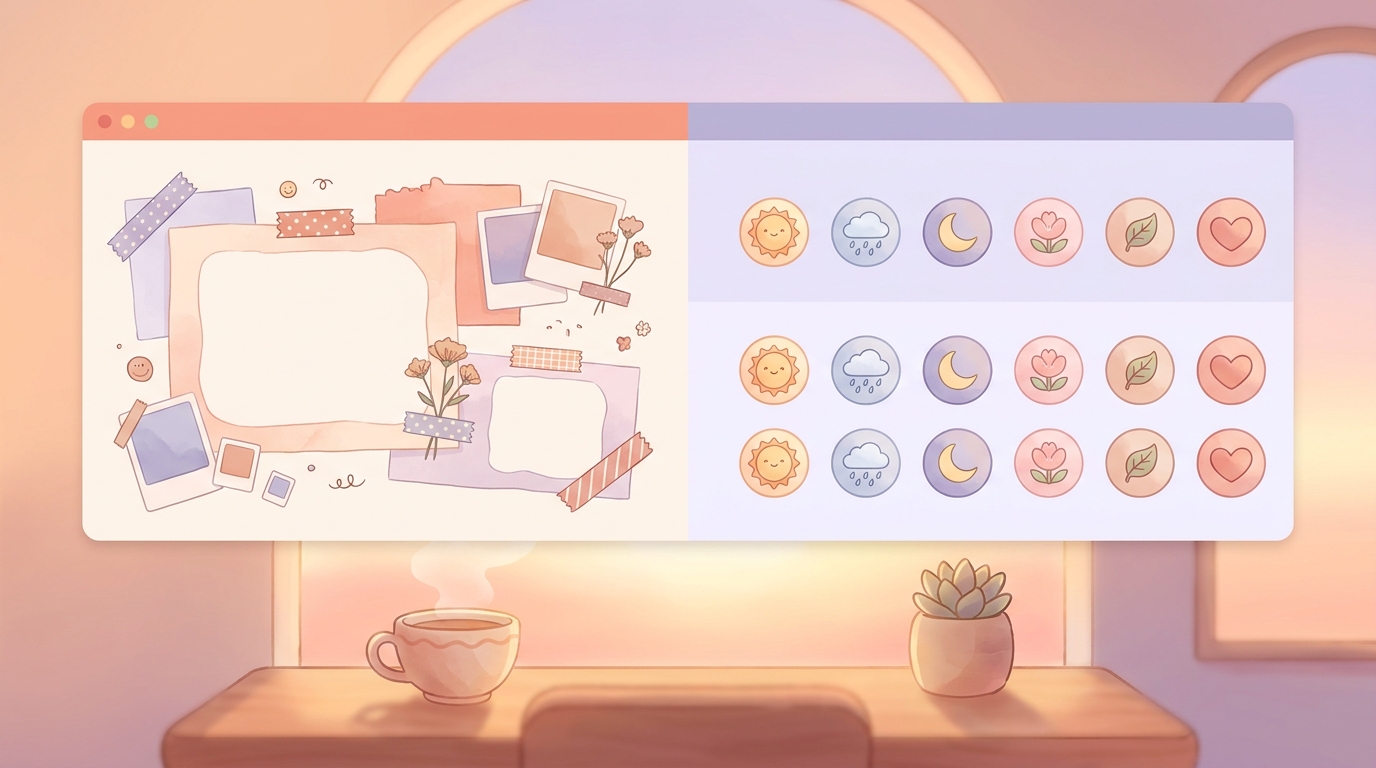 A split screen showing a cute pastel digital scrapbook interface on the left and a clean modular emoji mood tracker on the right