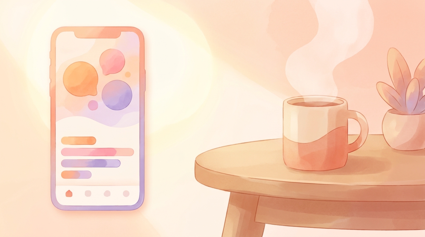 A split screen showing ViviDiary's mood and habit tracking interface next to a cup of coffee on a wooden desk