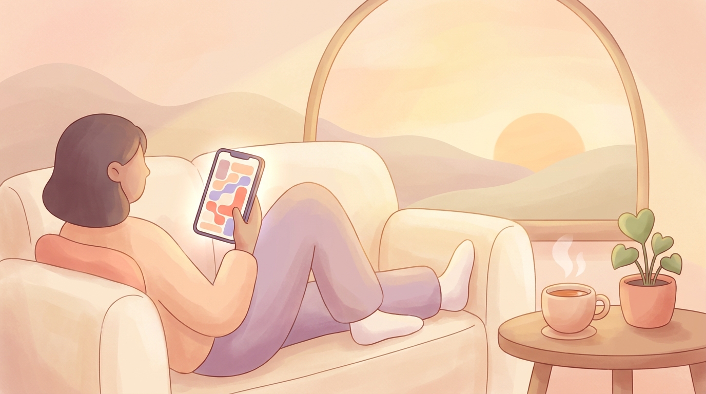 A person relaxing on a couch, using a smartphone to track their mood on a modular mood tracker app for anxiety relief.