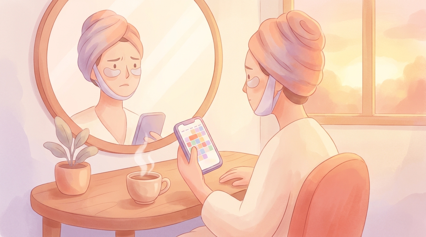 A woman looking stressed in the mirror wearing a morning shed chin strap and eye masks, holding a smartphone with a routine tracker app