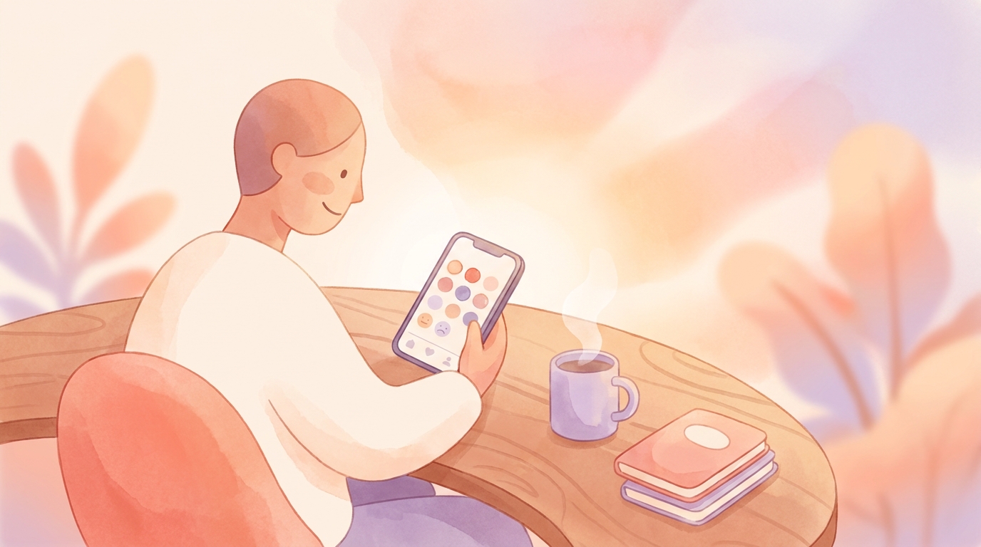 A person smiling while looking at their smartphone, representing the olympics chocolate muffin trend mood tracking concept