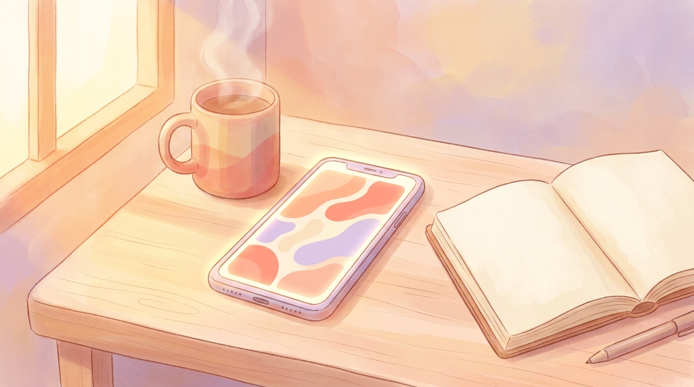 A smartphone displaying the Reflection app somatic mood tracker interface, resting on a wooden desk next to a cup of coffee and a physical notebook.