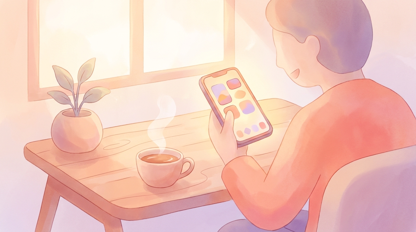 A person smiling while looking at their phone, representing the low pressure returning not repeating habit tracking method on ViviDiary