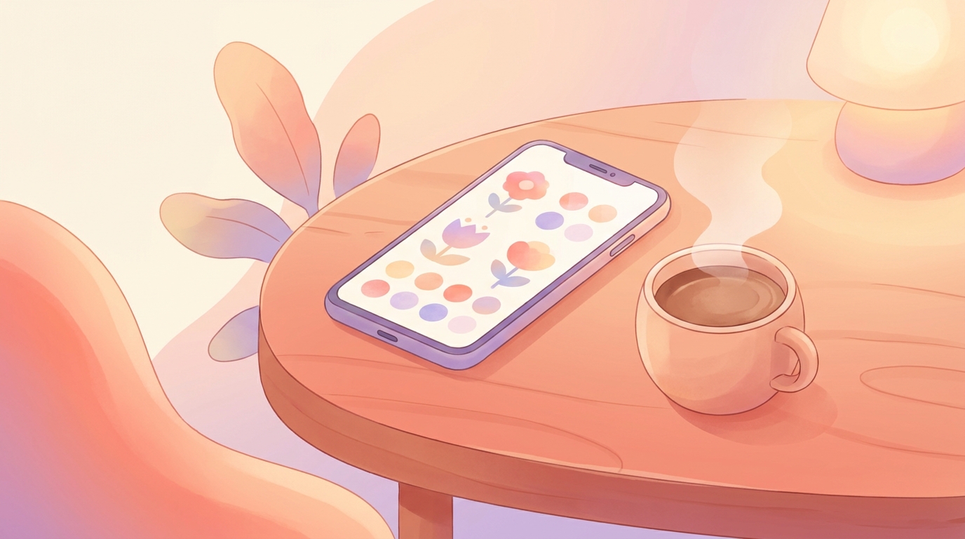 A smartphone showing the Rosebud AI conversational journaling interface resting on a wooden desk next to a cup of coffee.