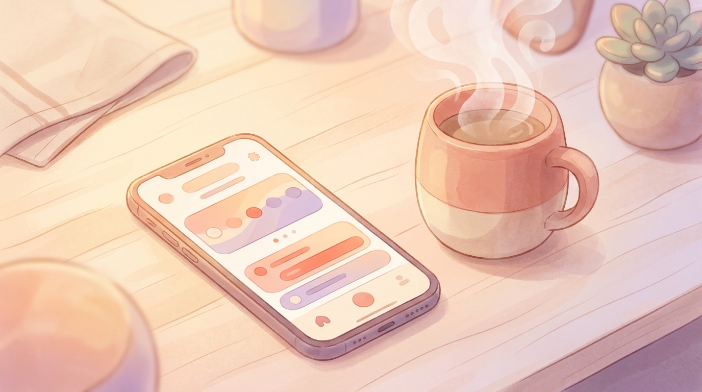 A smartphone displaying the ViviDiary simplified wellness routine app interface on a wooden desk next to a cup of coffee.