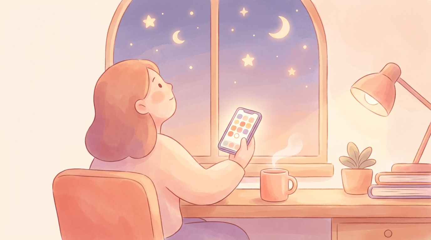 A person looking up at a starry night sky while holding a smartphone displaying a modular mood tracker app, representing the star bathing wellness trend july 2026.