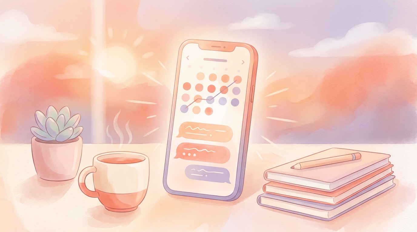 A smartphone displaying a text message journaling app review with daily SMS prompts on the screen