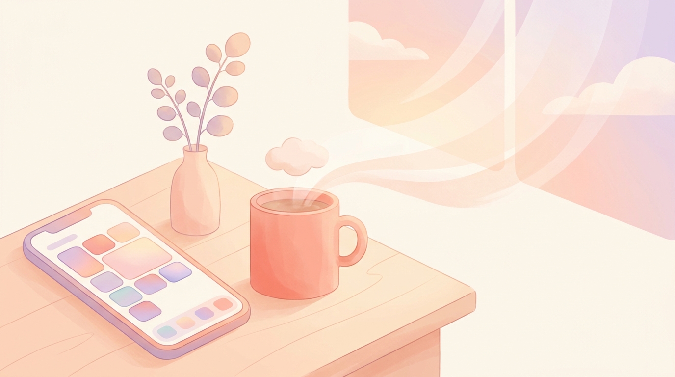 A smartphone displaying the ViviDiary modular mood tracker interface next to a cup of coffee, representing a tiktok affirmation journal alternative.