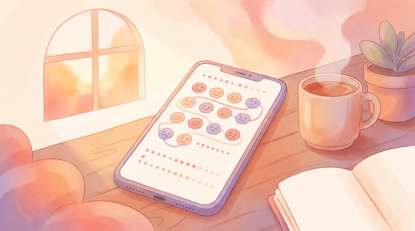 A smartphone displaying the ViviDiary app with mood emojis and pattern tracking, illustrating the TikTok emotional ROI journaling method.
