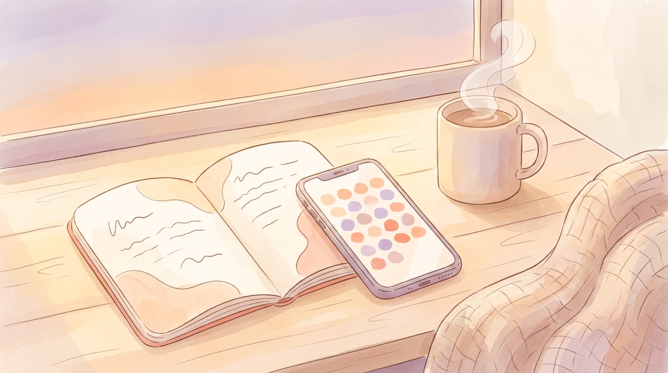 A cozy desk setup with a smartphone displaying the ViviDiary app next to a handwritten journal for Winter Arc prep.